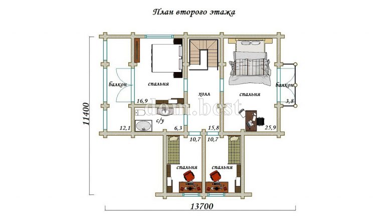 Проект дома с баней «Флоренция» из оцилиндрованного бревна 244,2 м2 13,7х15,4 м