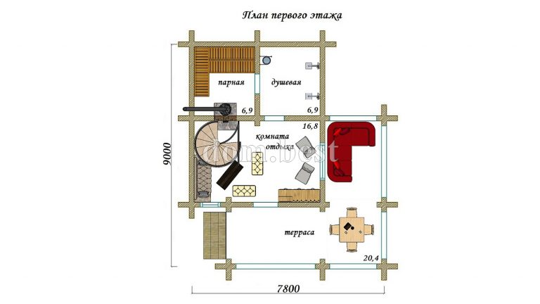 Проект дома с баней «Малиновка» из оцилиндрованного бревна 82,1 м2 7,8х9 м