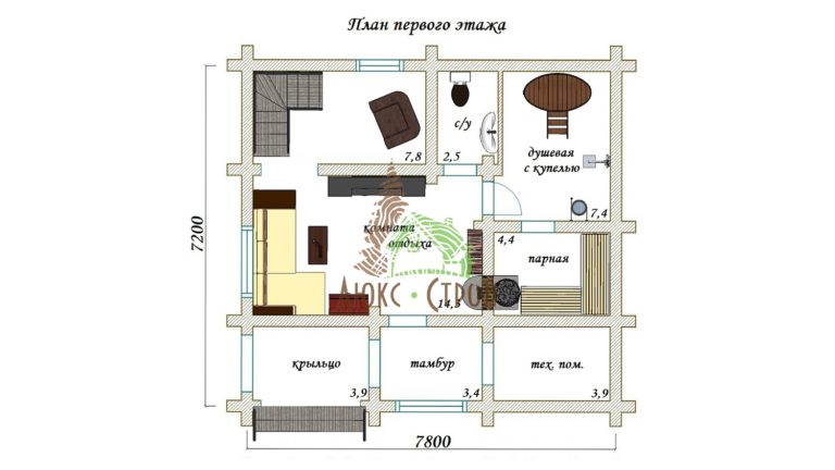 Проект дома с баней «Можайск» из оцилиндрованного бревна 97,1 м2 7,2х7,8 м