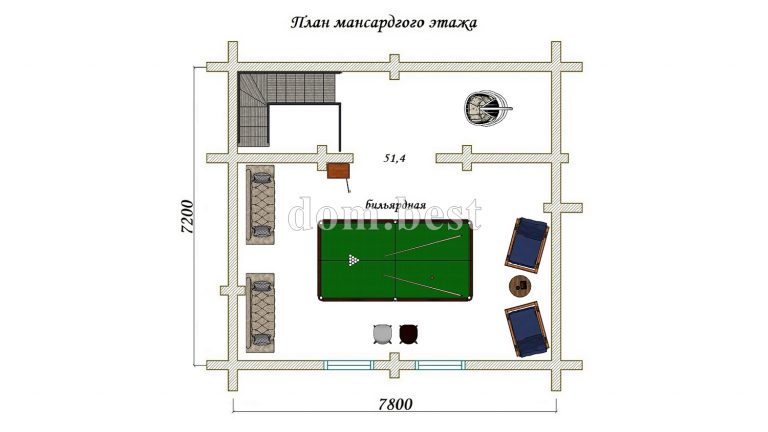 Проект дома с баней  «Карамболь» из оцилиндрованного бревна 99,7 м2 7,2х7,8 м