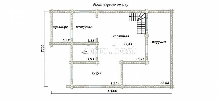 Проект дома «Бирюза — 2» из рубленного бревна с русской чашей 140,35 м2 7,5х12 м