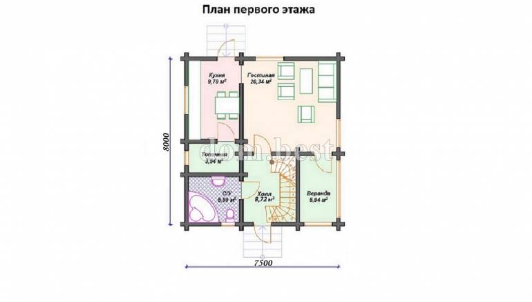 Проект дома «Фиеста» из рубленного бревна с русской чашей 98,76 м2 7,5х8 м