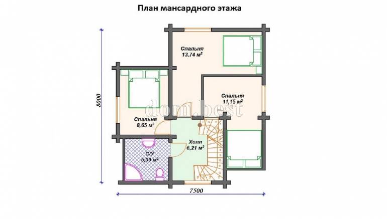 Проект дома «Фиеста» из рубленного бревна с русской чашей 98,76 м2 7,5х8 м