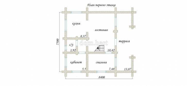 Проект дома «Бирюза» из рубленного бревна с русской чашей 80,85 м2 7,5х8,4 м