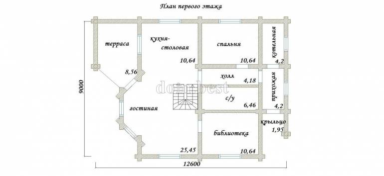 Проект дома «Жемчуг» из рубленного бревна с канадской чашей 146,76 м2 9х12,6 м