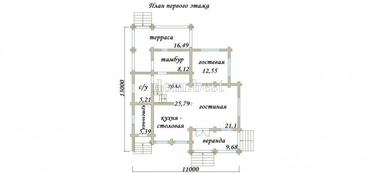 Проект дома «Олимп» из рубленного бревна с русской чашей 177,86 м2 11х13 м