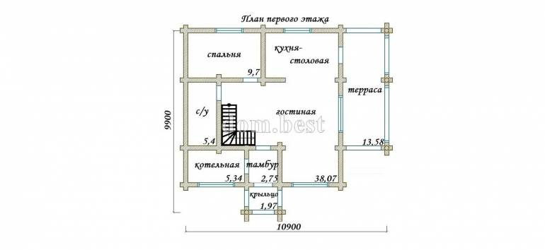 Проект дома «Ворсма» из рубленного бревна с русской чашей 137,03 м2 9,9х10,9 м