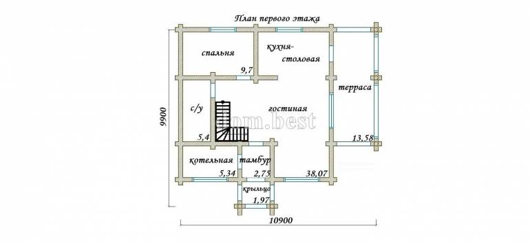 Проект дома «Ворсма» из рубленного бревна с канадской чашей 137,03 м2 9,9х10,9 м