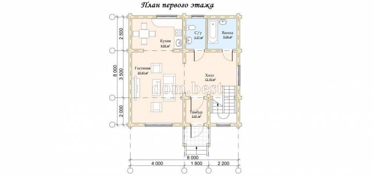 Проект дома «Дмитров» из рубленного бревна с русской чашей 107,81 м2 8х8 м
