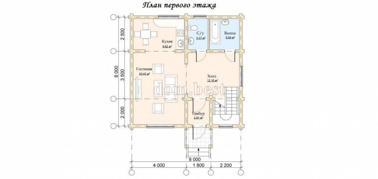 Проект дома «Дмитров» из рубленного бревна с канадской чашей 107,81 м2 8х8 м
