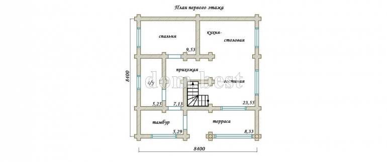 Проект дома «Истра» из рубленного бревна с русской чашей 119,6 м2 8,4х8,4 м