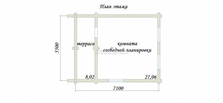 Проект дома «Эконом» из рубленного бревна с русской чашей 35,08 м2 5,5х7,1 м