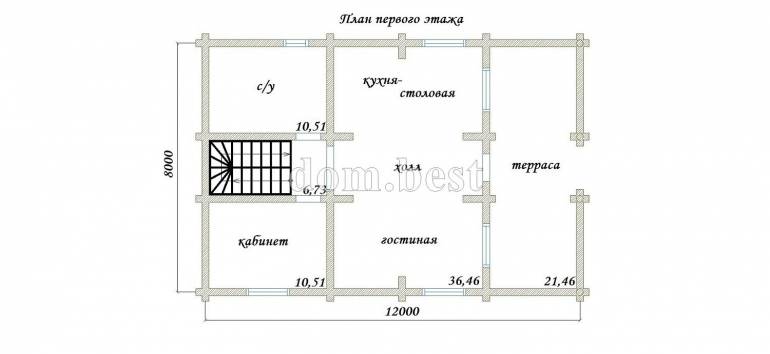 Проект дома «Бармино» из рубленного бревна с русской чашей 174,93 м2 8х12 м