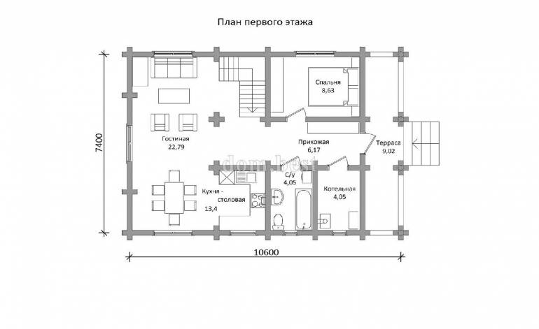 Проект дома «Оазис» из рубленного бревна с русской чашей 136,33 м2 7,4х10,6 м